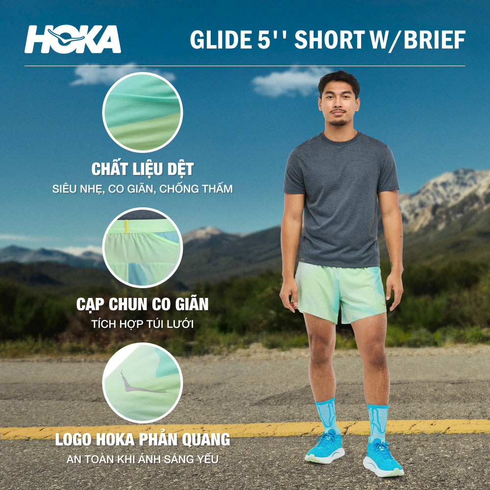 Quần Ngắn Thể Thao Chạy Bộ Nam HOKA Glide 5'' Brief - Xanh Mint - Supersports Vietnam