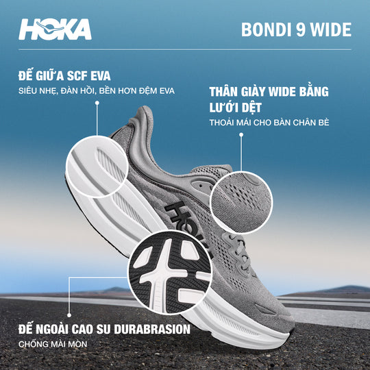 Giày Chạy Bộ Nam HOKA Bondi 9 Wide - Xám