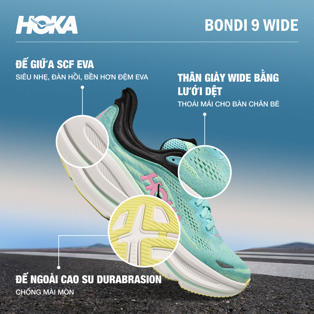 Giày Chạy Bộ Nữ HOKA Bondi 9 Wide - Xanh Mint - Supersports Vietnam
