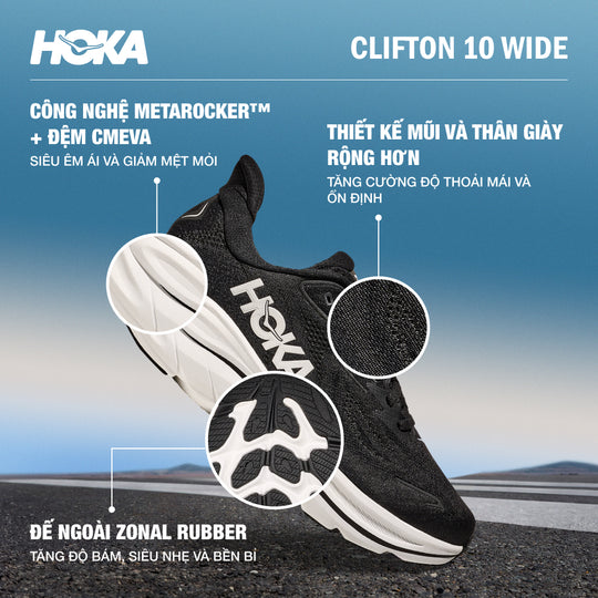 Giày Chạy Bộ Nam HOKA Clifton 10 Wide - Đen