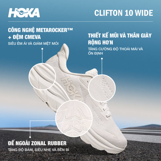 Giày Chạy Bộ Nữ HOKA Clifton 10 Wide - Trắng