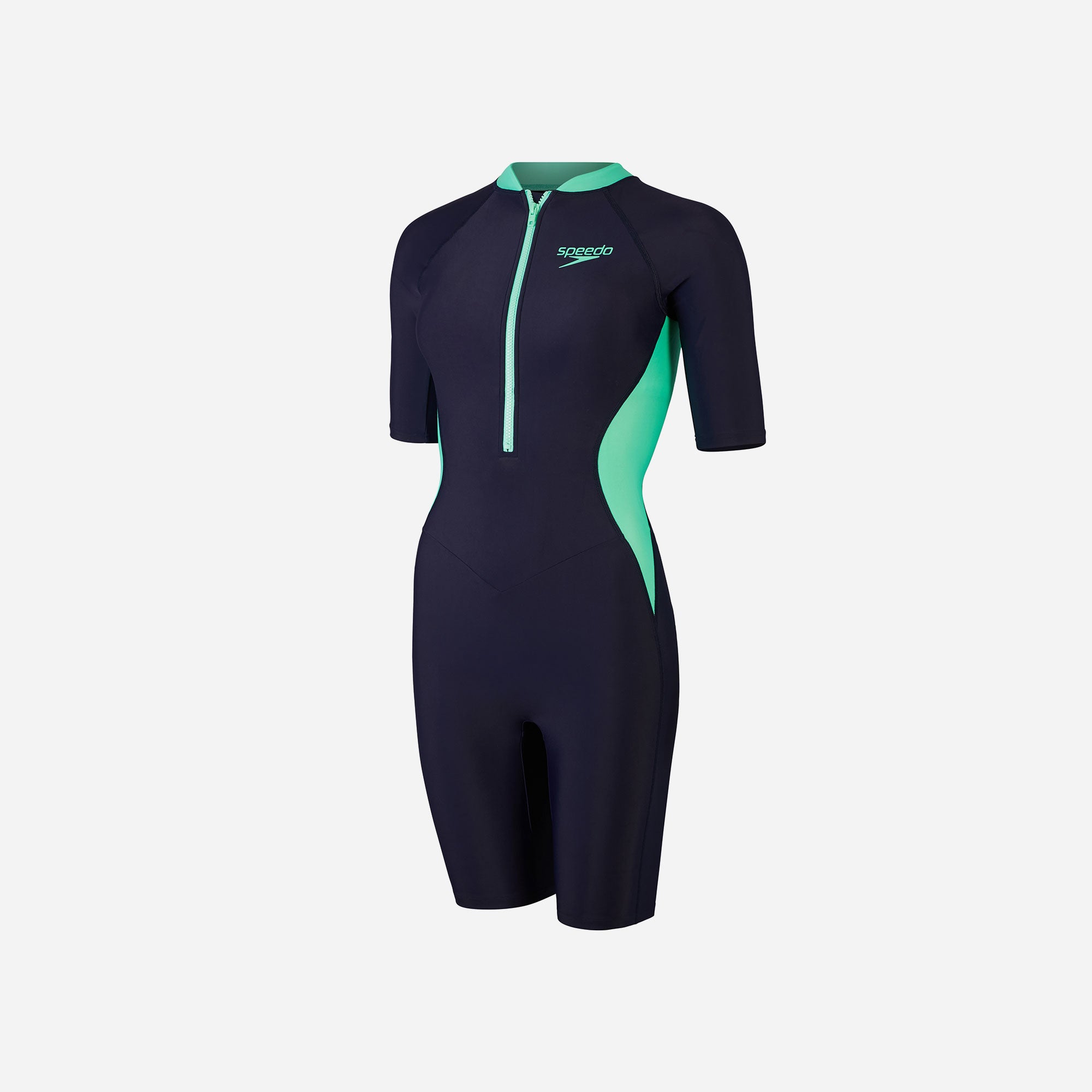 Bộ Đồ Bơi Nữ Speedo Zip Front Short Sleeve Ksut Navy/Green - Supersports Vietnam