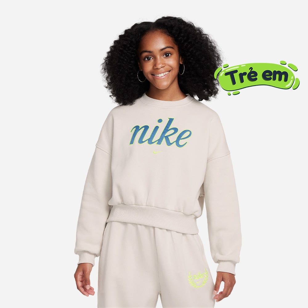 Áo Nỉ Bé Gái Nike Club Fleece Boxy Crew-Neck - Be - Supersports Vietnam