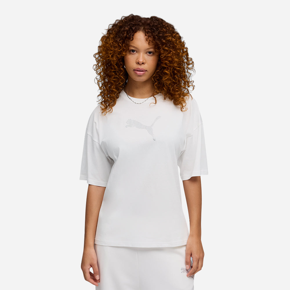 Áo Thun Nữ Puma Essentials Graphics Leo Luxe Bedazzled Oversized - Trắng - Supersports Vietnam