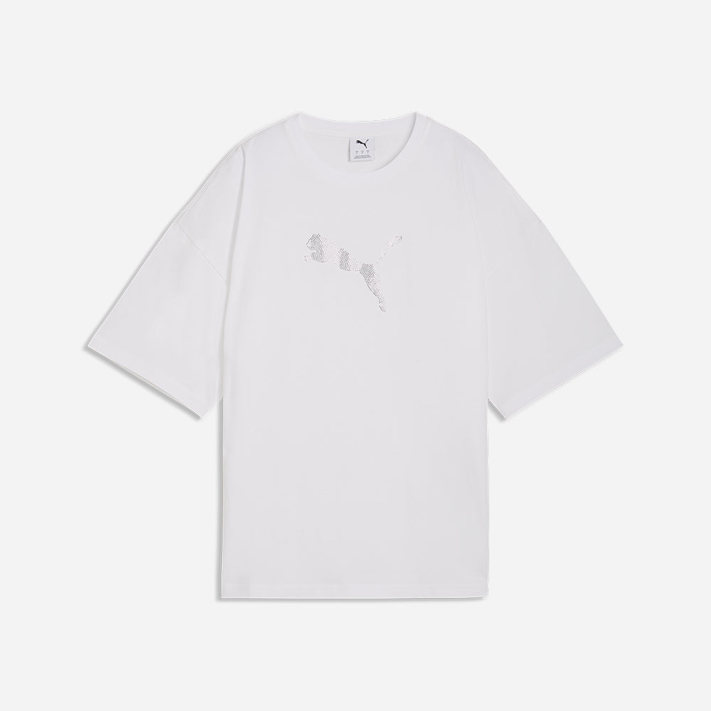 Áo Thun Nữ Puma Essentials Graphics Leo Luxe Bedazzled Oversized - Trắng - Supersports Vietnam