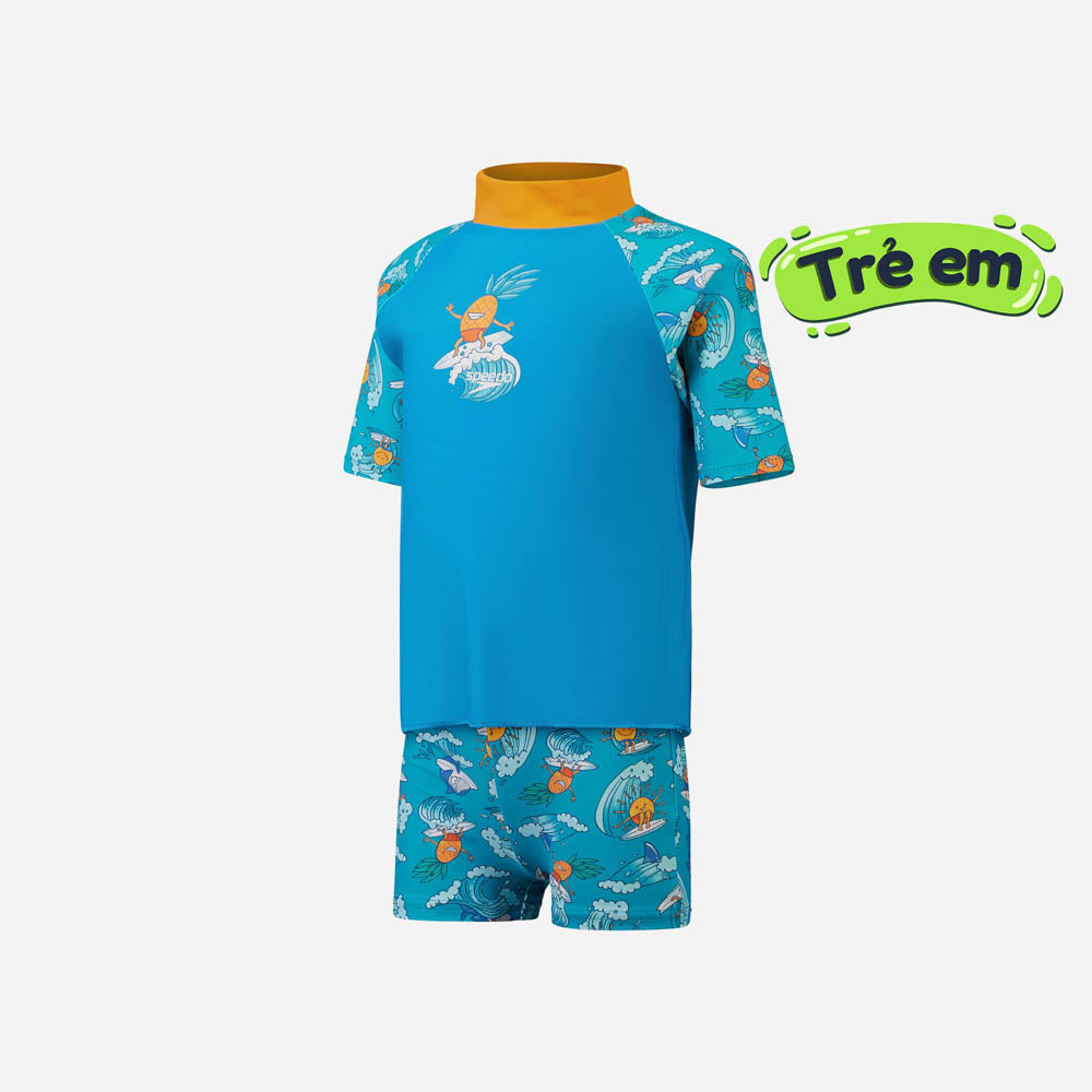 Bộ Đồ Bơi Chống Nắng Bé Trai Speedo Printed Short Sleeve Aquashorts Blue/Yellow - Supersports Vietnam