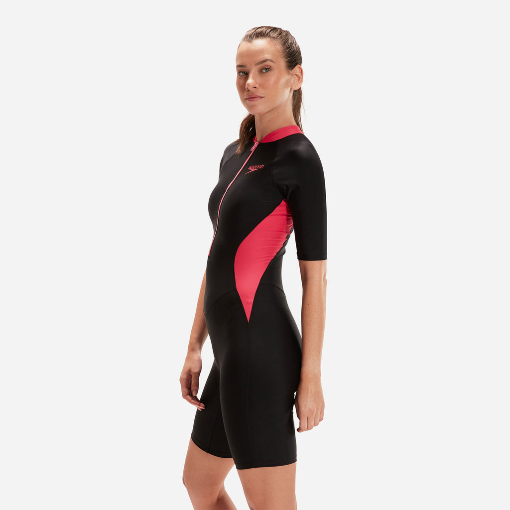 Bộ Đồ Bơi Nữ Speedo Zip Front Short Sleeve Ksut Black/Pink - Supersports Vietnam