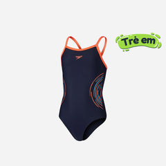 Girls' Speedo Placement Printed Thinstrape Muscleback One Piece - Navy