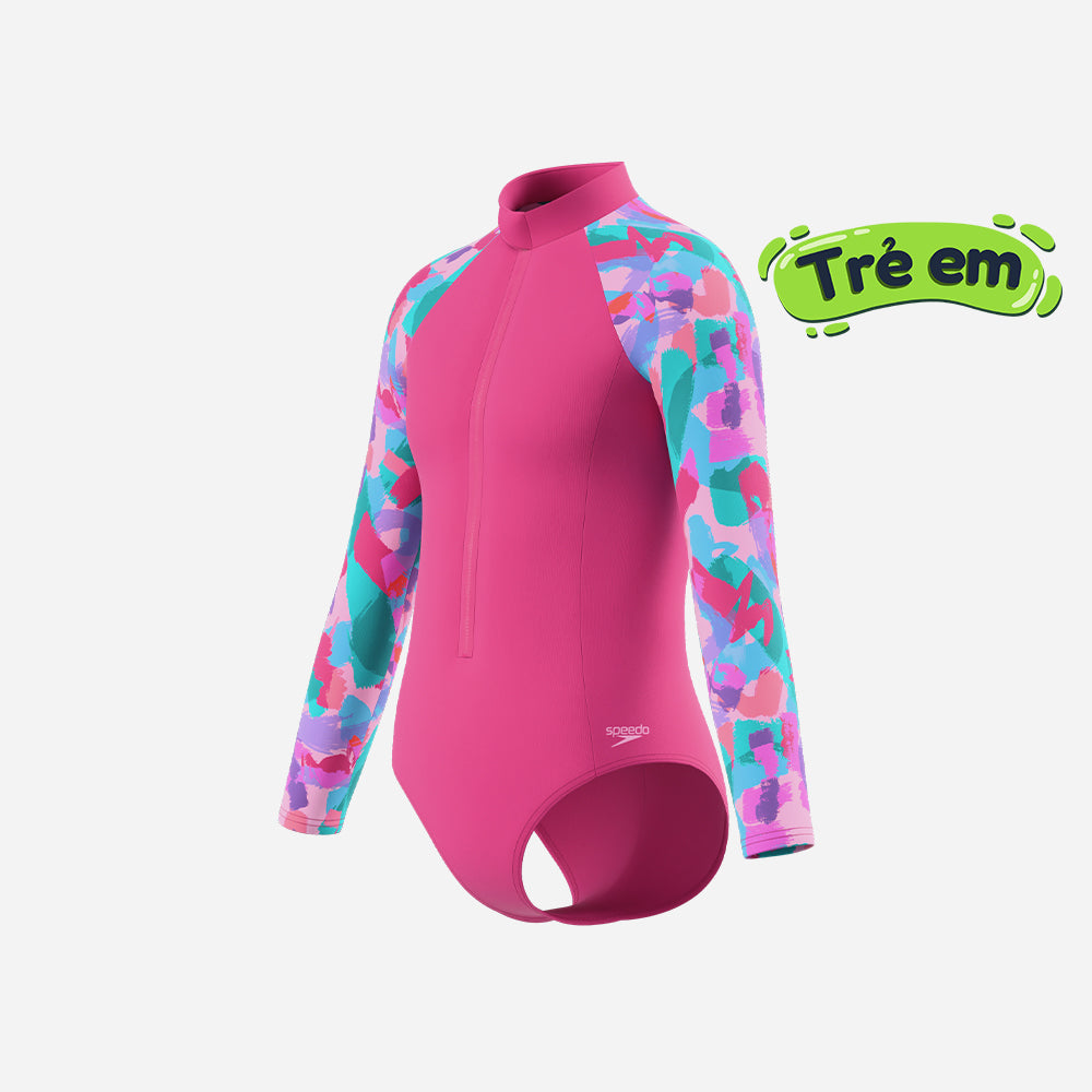 Đồ Bơi Một Mảnh Chống Nắng Bé Gái Speedo Print Long Sleeve Zip - Hồng - Supersports Vietnam