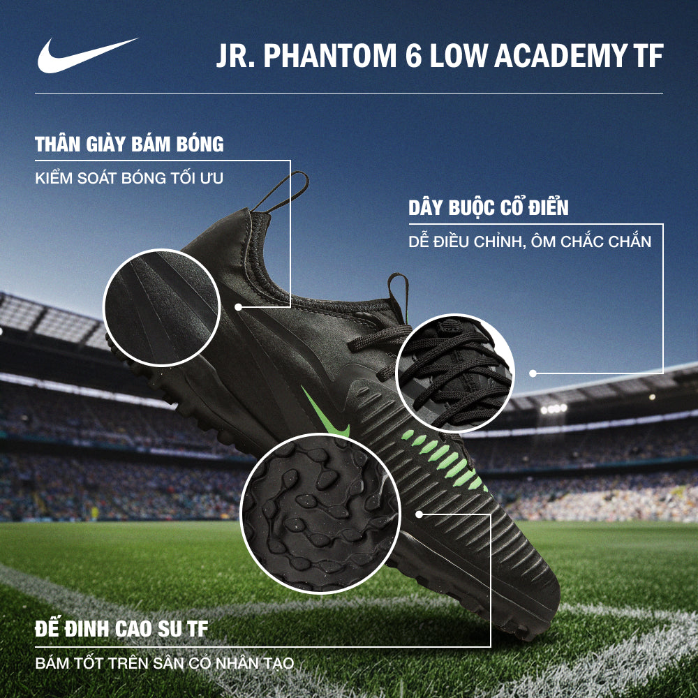 Giày Đá Bóng Sân Cỏ Nhân Tạo Trẻ Em Nike Jr. Phantom 6 Low Academy - Đen - Supersports Vietnam