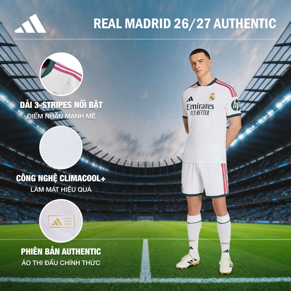 Áo Đá Bóng Nam Adidas Sân Nhà Real Madrid Authentic 26/27 - Trắng - Supersports Vietnam