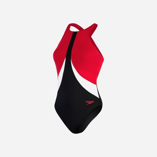 Women's Speedo Colourblock Highneck Crossback Swimsuit - Red